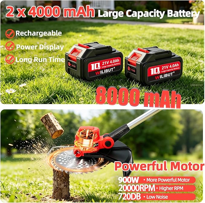 Electric Weed Wacker with Wheel, 3-in-1 Brushless Brush Cutter/String Trimmer/Grass Trimmer/Lawn Mower, 12" Cordless Weed Eater Battery Powered, 2 * 4000mAh Battery, 4 Blade and Charger