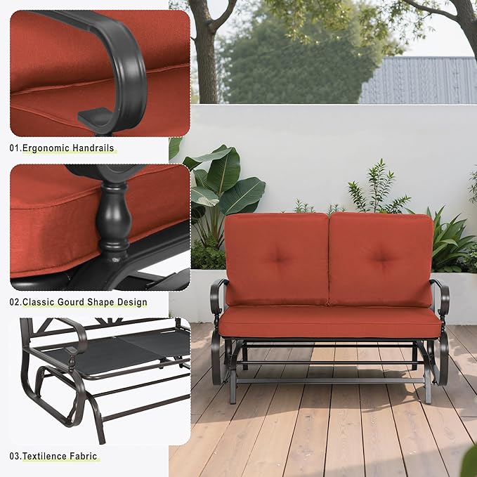 Incbruce 5 Pcs(6 Seats) Outdoor Metal Furniture Sets Wrought Iron Patio Conversation Sets, (Glider, 2 Single Chairs, Loveseat, and Coffee Table) with Cushion (Red)