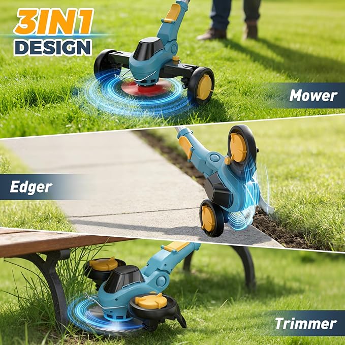 Weed Wacker Cordless - Brushless Electric Weed Cordless Eater Battery Powered with 2 X 4.0Ah Batteries, Cordless Brush Cutter, 3 in 1 Edger/Mower/Grass Trimmer, 4 Types Blades