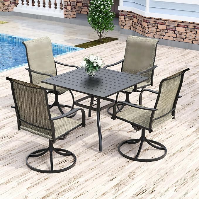 Anmutig 5-Piece Outdoor Dining Set, 35" Square Table with 4 Swivel Chairs, All Weather Frame Furniture Set, Tan Brown