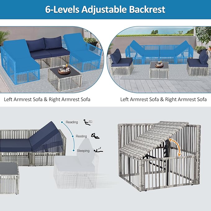 FHFO 7 Pieces Outdoor Patio Furniture Set, Wicker Outdoor Sectional Conversation Couch Set with Adjustable Backrest Sofa, Thick Cushion & Coffee Table for Garden, Porch, Poolside, Grey/Blue