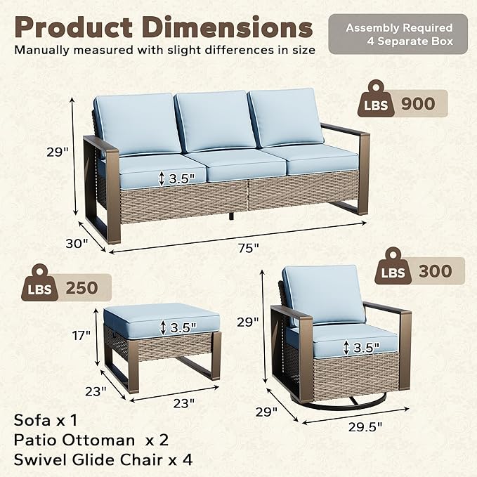 7 Pieces Metal Wicker Patio Furniture Set - 75" Sofa, Four Swivel Chairs and Two Ottomans, All Weather Rattan Outdoor Conversation Furniture with Washable Cushion for Deck Porch, Baby Blue