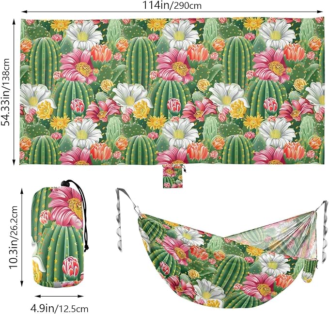 Camping Hammock Outdoor Hammocks for Outside Cactus Flowers Beach Trees Portable Lightweight with Pockets Tree Straps Indoor