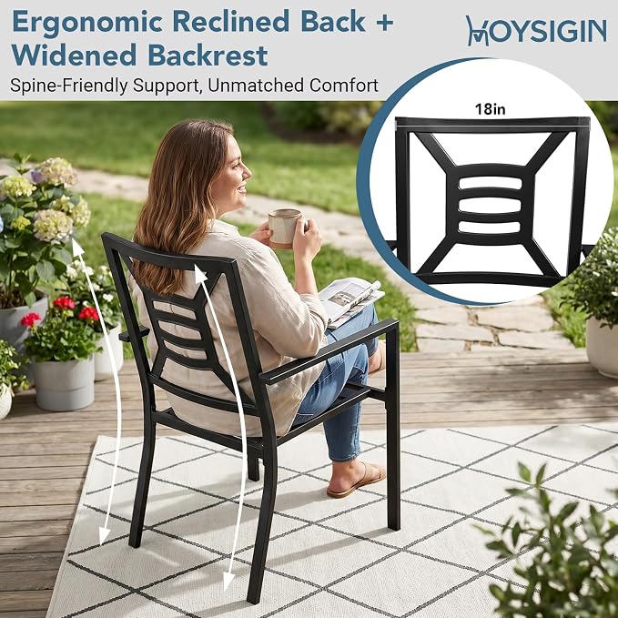 Patio Dining Chairs Set of 2, Stackable Metal Patio Chairs with High Back for Deck Bistro Porch Lawn, Black Wrought Iron Outdoor Dining Chairs