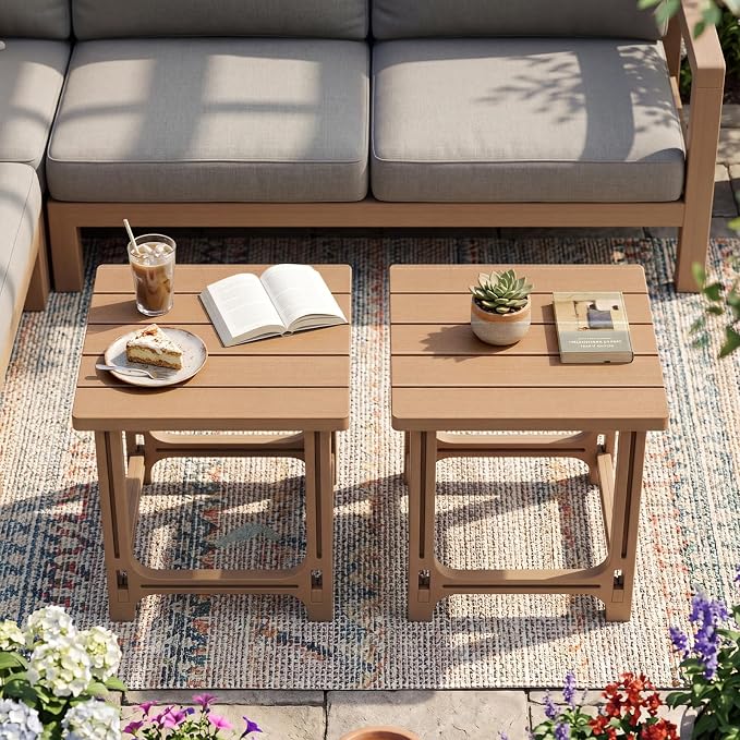 Tangkula Outdoor Adirondack Side Table, 18" Heavy Duty HDPE Patio End Table with Slatted Surface, 0-Screw Assembly, Easy Maintenance, Small Outdoor Side Table for Porch, Pool, Garden, Deck (1, Brown)