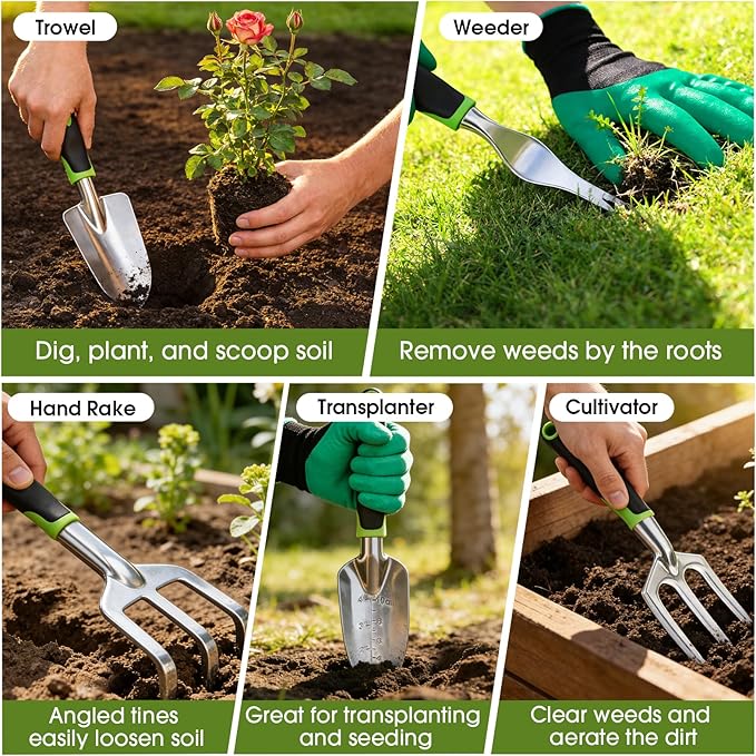 WOWBOX Garden Tools Set - 10 PCS, Heavy Duty Gardening Hand Tools Kit with Storage Tote, Rust-Resistant Gardening Supplies for Planting with Non-Slip Ergonomic Handle for Women and Men (Green)