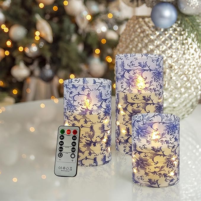 Floral Flickering Flameless Candles, Recessed String Light LED Candles 3D Wick Acrylic Battery Operated LED Pillar Candles with Remote and Timer for Home Decor Set of 3(Blue & White)