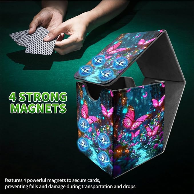 Pink Butterfly Forest Card Deck Box for MTG, Personalized Card Storage Case Fits 120+ Sleeved Cards, Premium Leather TCG Box with Strong Magnetic Closure for Magic, PTCG, Baseball Cards