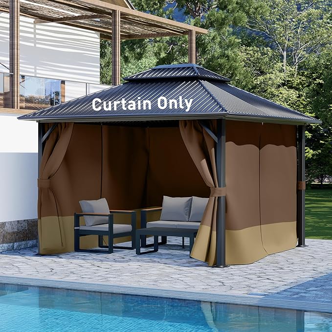 Aoodor 12x14 ft Outdoor Gazebo Curtains, 4 Panels Waterproof Privacy Sidewall Replacement with Zipper for Patio Pergola and Canopy, Brown and Khaki