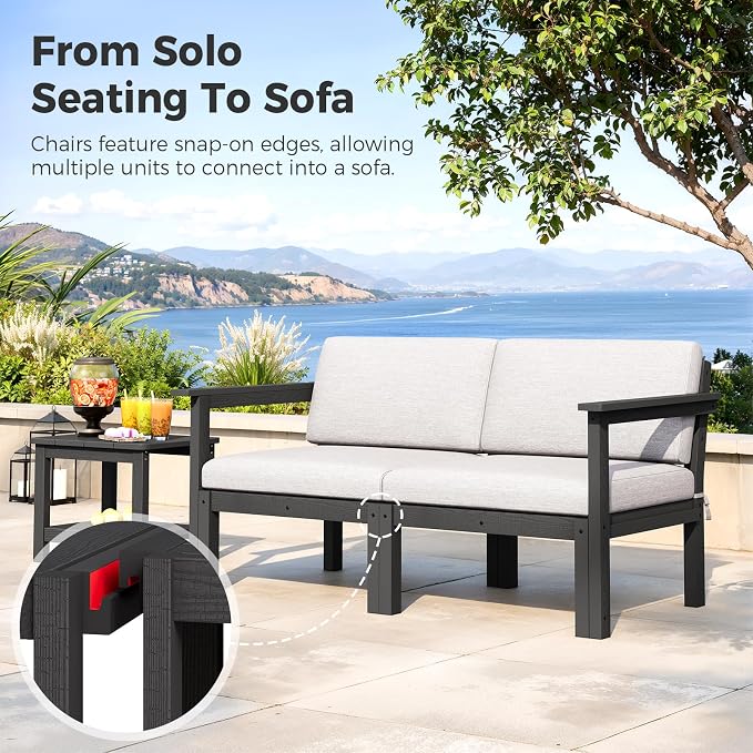 Modular Outdoor Patio Conversation Set, 3-Piece HIPS Chairs with Side Table & Thick Cushions– Side Interlock & Detachable Armrest, All-Weather Patio Furniture Set for Backyard, Deck, Poolside