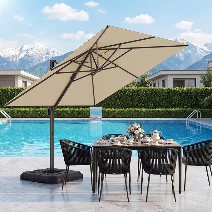 HASLE OUTFITTERS 10x10 FT Patio Cantilever Umbrella, Outdoor Offset Large Heavy Duty Umbrellas with 360° Rotation for Pool Garden Deck，Beige