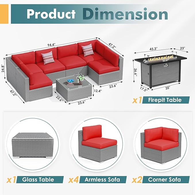 8 Pieces Outdoor Patio Furniture Set with 45” Propane Gas Firepit Table, Grey Wicker Patio Sectional Sofa Set, Outdoor Couch with Cushion and Tempered Glass Table, Red