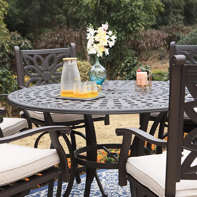 Sophia & William 6-Person Cast Aluminium Patio Bar Height Table Round, Outdoor Tall Bistro Pub Height Table with 2.2" Umbrella Hole for Porch Balcony Backyard, Bronze