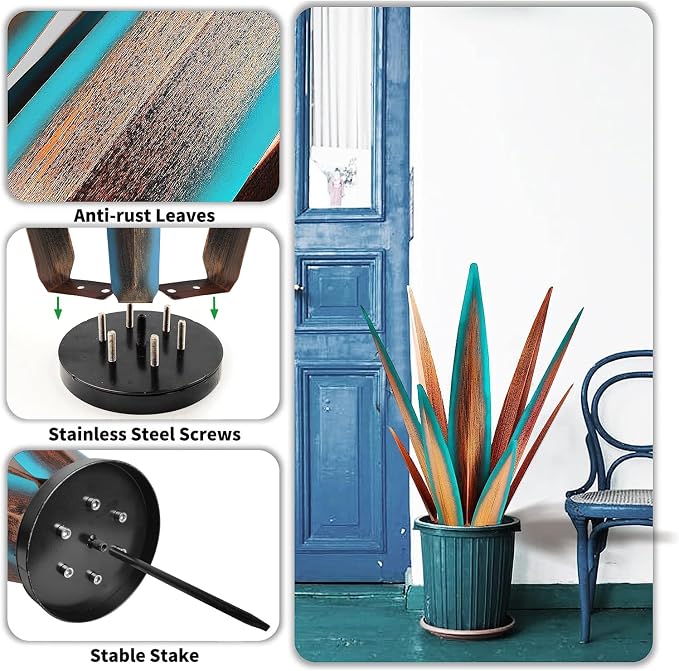 KODIBO 24" Metal Agave Plant Outdoor Decor, Large Garden Sculpture, Blue | Rust-Resistant Finish, Hand-Painted Metal, Tequila Rustic Sculpture, Desert Steel Yard Art, Southwestern Outdoor Garden Decor