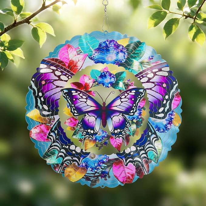 Butterfly Wind Spinners Outdoor, 10 Inch Laser-Cut Stainless Steel Metal Wind Spinners, 3D Kinetic Hanging Sculpture, Metal Yard Art, Garden Decor, Butterfly Gifts for Women, Men, Mom, Grandma