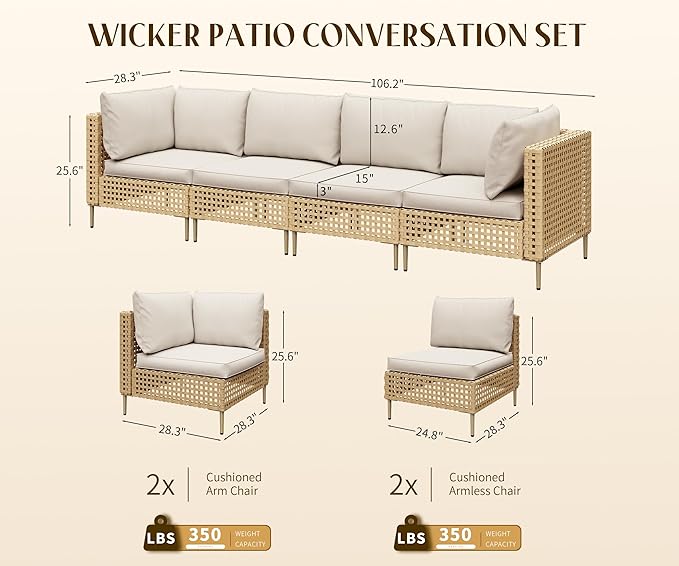 LHBcraft 4 Piece Wicker Patio Furniture Set Boho, Modular Outdoor Couch, Outdoor Conversation Set Sectional Sofa with Water Resistant Fluffy Cushions and Coffee Table, Beige