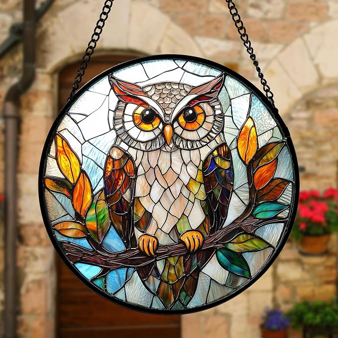 DASTOLL Stained Glass Window Hanging, Owl Colorful Leaves Birds Sun Catchers Diamond Glass Panel Hangings Suncatcher Decor for Birthday for Women, Men, Wife, Aunt, and Mom 7.8 in