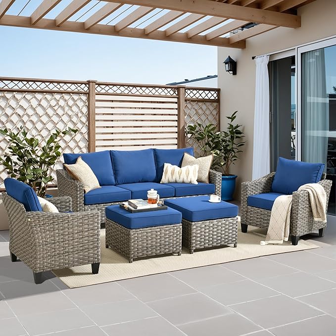 5 PCS Outdoor Patio Furniture Set, All-Weather Rattan Wicker Conversation Group with Deep Seating, High Back Comfort for Porch, Backyard, Blue