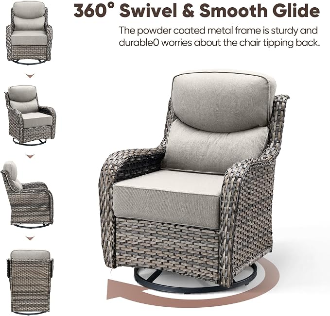 Swivel Patio Chairs sofa Set of 4 with 6" Thick Cushion - Wicker Outdoor Swivel Rocker Patio Chair with Side Table, High Back Comfortable Outdoor Glider Chairs - Grey Wicker | Beige Cushions