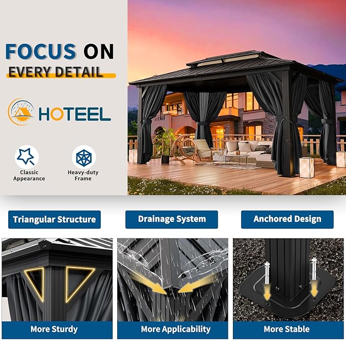 HOTEEL 10x15 Hardtop Gazebo On Clearance with Heavy Duty Galvanized Steel Metal Roof, Patio Hard Top Gazebo with Curtains & Netting,Outdoor Permanent Hot tub Gazebo Pavillon for Backyard,Deck,Black