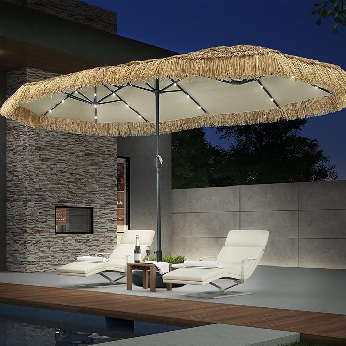 13ft Thatch Umbrella with Solar Lights Tiki Bench umbrella With Crank, Water-resistant for Bench, Patio,Pool