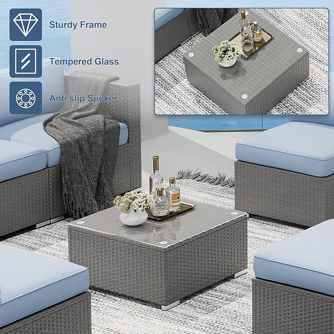 SUNCROWN Outdoor Patio Furniture Set 8 Piece Outdoor Sectional Sofa Grey Wicker Conversation Sofa Set with Coffee Table, Cushions and Fire Pit Table, Light Blue