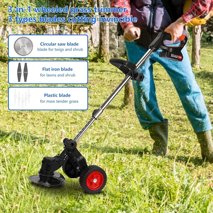Electric Weed Wacker Cordless, Weed Eater Battery Powered with 2*2000mAh Battery,Wheels, Lightweight Grass Trimmer Cordless with 3 Types Blade,Foldable Lawn Edger/Brush Cutter for Yard Garden