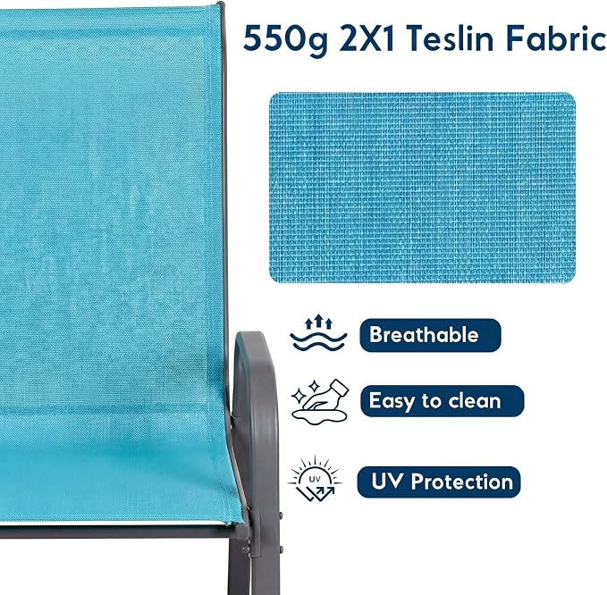 Arlopu 7-Piece Outdoor Table and Chairs for 6, Outdoor Dining Set W/Rectangle Glass Table and Patio Textilene Stackable Chairs, Patio Furniture Set W/Umbrella Hole (Black Table & Sky Blue Chair)
