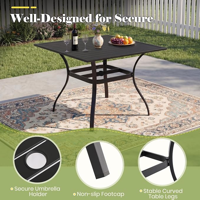 36" Patio Table for 4, Metal Outdoor Dining Table with Coating, Square Steel Slated Outdoor Table with 2" Umbrella Hole for Garden Backyard, Black