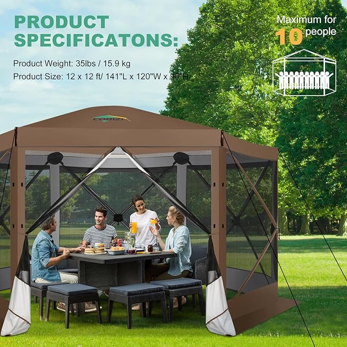 COBIZI 12x12 FT Pop Up Canopy Extendable Tent, Gazebos On Clearance with Removable Roof,Screened in Gazebo,Screen Tents Portable carpas para Patio for Outdoor Camping,Backyard, Garden,Brown(Upgraded)