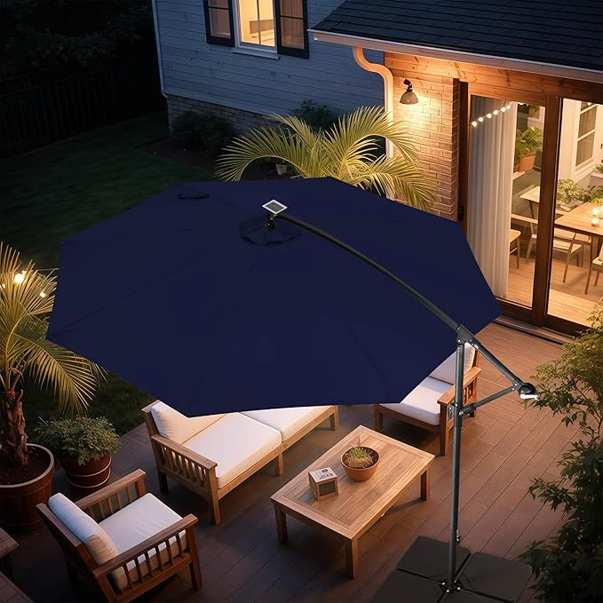 FLAME&SHADE 10ft Solar Cantilever Umbrella with 40 LED Lights, Lighted Large Offset Outdoor Patio Umbrellas, 8 Sturdy Ribs, UPF50+ UV Protection for Pool Deck Garden Yard, Navy Blue