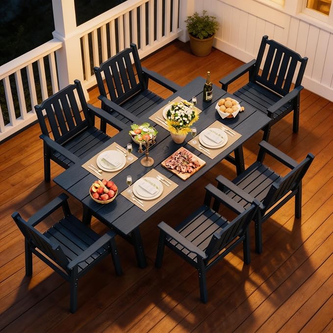 Takywep 23.9” Wide HDPE Patio Dining Chairs Set of 2, 650LBS Capacity All-Weather Yard Armchair with Slatted Seat, Heavy Duty Modern Backyard Furniture for Garden, Poolside, Deck, Blue