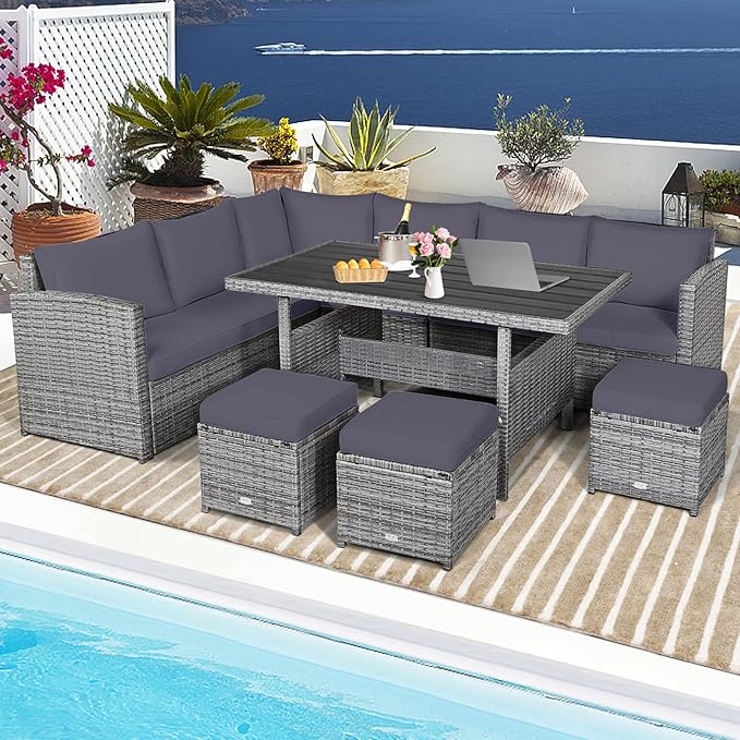 HAPPYGRILL 7 Pieces Rattan Wicker Patio Conversation Set, Outdoor Patio Furniture Set with Cushions, Rattan Sofa Set with Dining Table & Ottomans for Poolside Backyard Balcony Garden (Grey)
