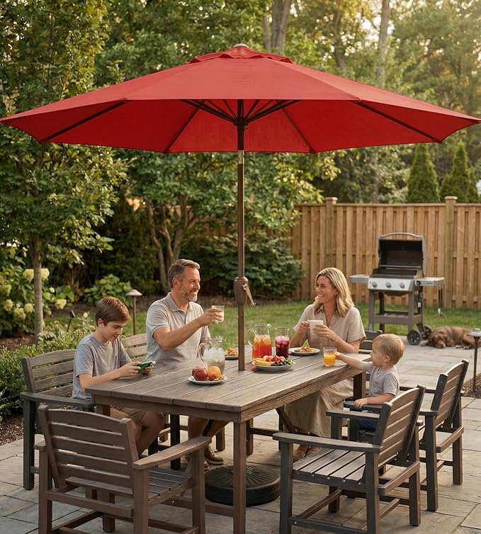 10FT Patio Umbrella, Outdoor Umbrella with Push Button Tilt and Crank, 8 Sturdy Ribs, UV Protection & Waterproof Market Umbrella for Pool, Backyard, Beach,Deck (Red)