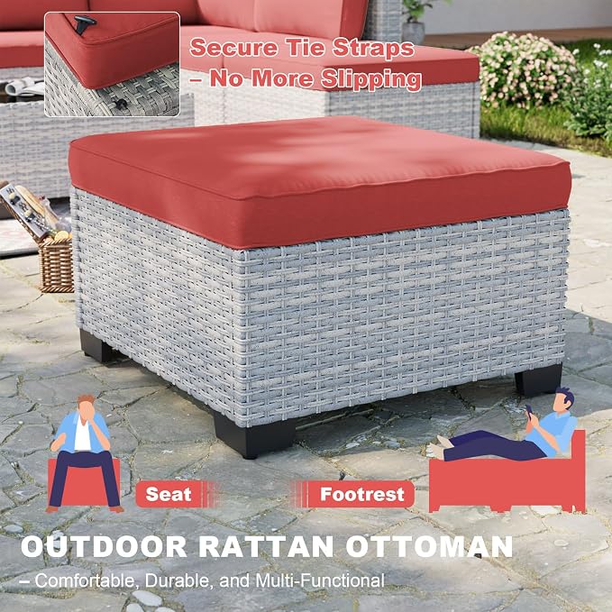 12-Piece Patio Furniture Set, Outdoor Patio Furniture with Swivel Chairs Set, Ottomans, Modular Patio Sofa, Dual-Strand Wicker Rattan, Rust-Resistant Frame, Red
