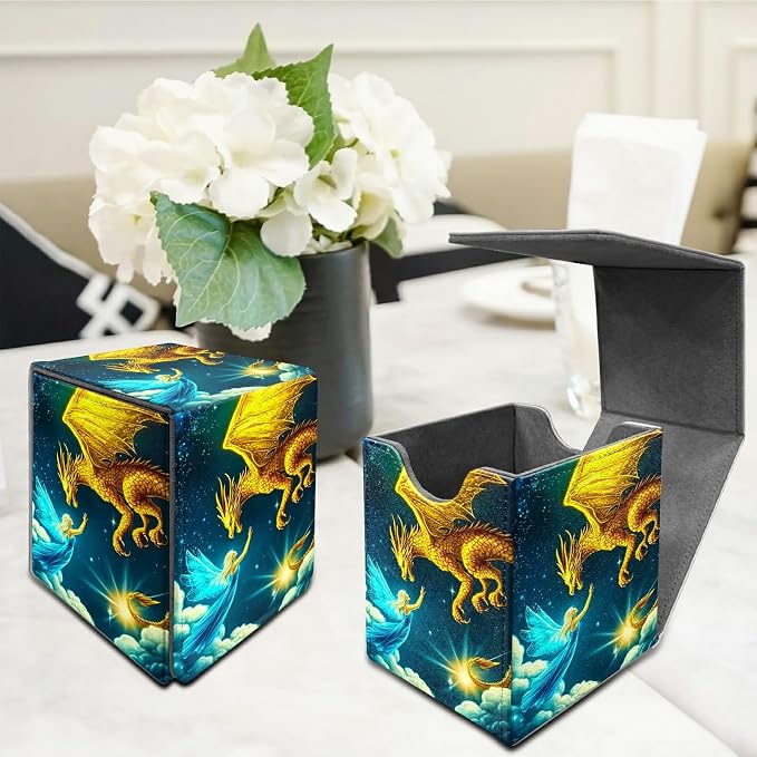 Deck Box for MTG, Cards Storage Box Fits 120+ Sleeved, Leather Medium Size Strong Magnetic Closing Card Case for Board Games Magic TCG CCG Baseball Collection, Yellow Dragon Girl