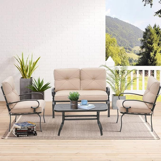 SUNCROWN 4 Pieces Outdoor Metal Furniture Patio Conversation Set Loveseat, 2 Dining Chairs and Coffee Table for Lawn Front Porch Garden, Brown Cushions