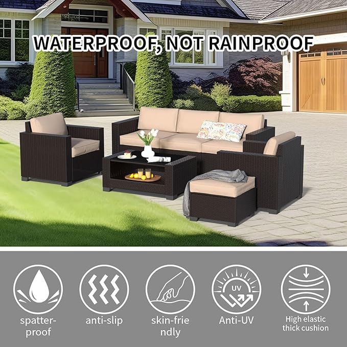 SHGJ&SOFT 7 Piece Patio Furniture Set, Wicker Outdoor Sectional Sofa with Washable Cushion Covers and Tempered Glass Table, Rattan Conversation Set for Poolside