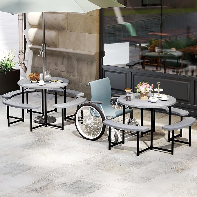 Tangkula 8 Person Picnic Table, HDPE Outdoor Round Table and Bench Set with 4 Built-in Benches, Umbrella Hole, Metal Frame for Garden Yard Patio Lawn
