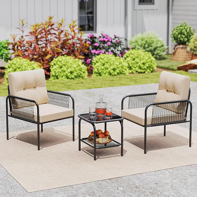 Tangkula 3 Pieces Patio Bistro Set, PE Rattan Furniture Set with Tempered Glass Table, Chairs, Back and Seat Cushions, Outdoor Wicker Conversation Set for Porch, Backyard, Garden and Poolside
