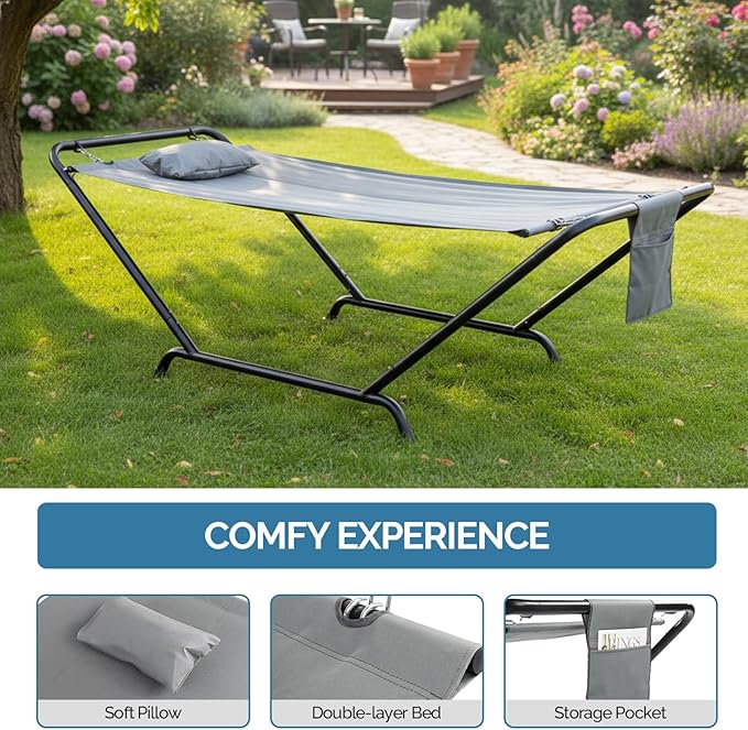 Hammock with Stand, Heavy Duty Hammock with Soft Pillow, Freestanding Outdoor Hammocks Bed for Outside Backyard, Camping, Garden, Yard, Patio, Hamaca con Soporte (Gray)