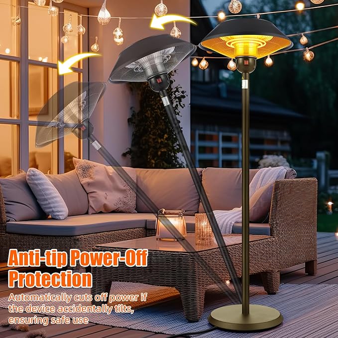 Glooglitter Patio Electric Outdoor Heater Stainless Steel 1500W Standing Infrared Heaters with Dust Cover for Indoor/Outdoor Use, 3 Heat Settings, Fast Heating, Height Adjustable, Tip-Over Protection