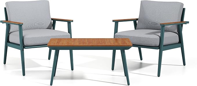 Furniture of America Beth Mid-Century Modern 3-Piece Aluminum Patio Conversation Set, Rectangle Table and 2 Padded Outdoor Chairs for Garden, Backyard, Deck, Gray, Green and Oak Brown