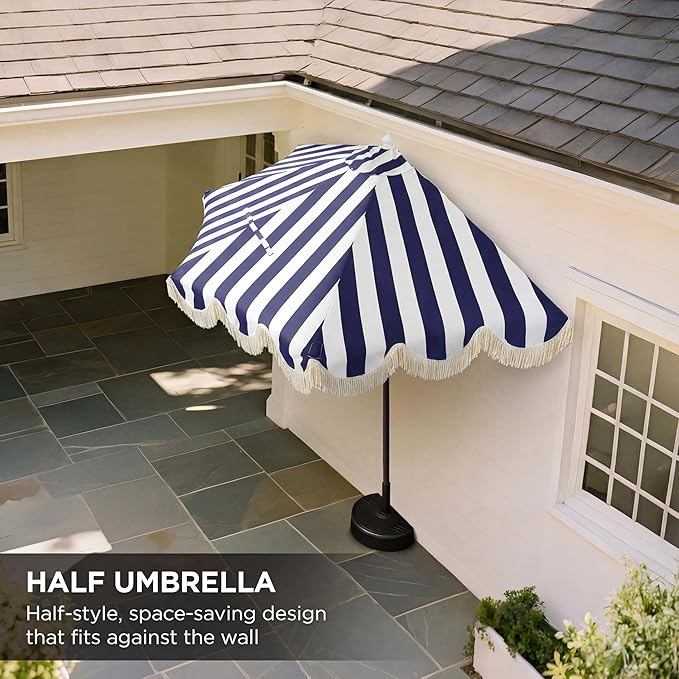 JONATHAN Y Beverly 9 ft. Coastal Navy and White Striped Half Patio Umbrella with Scalloped Fringe, Crank Lift, and Manual Tilt for Balcony, White Pole UMB1201I