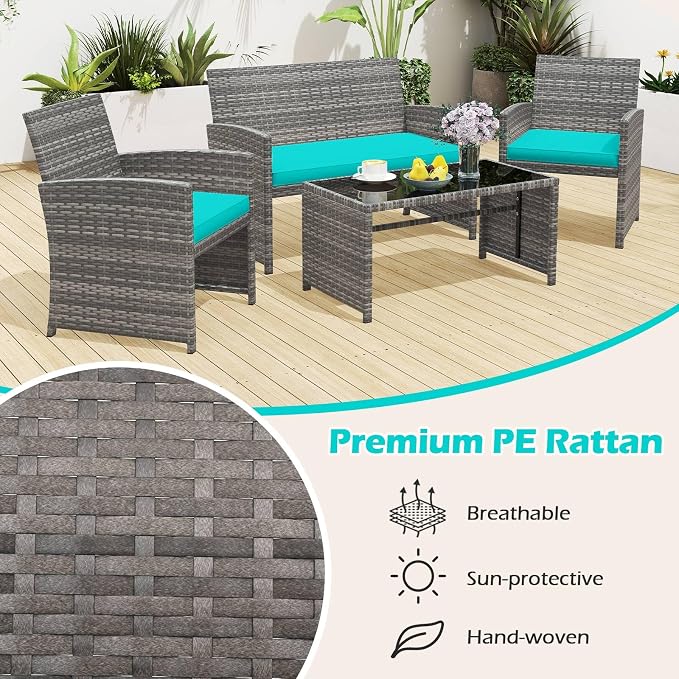 RELAX4LIFE 4-Piece Patio Furniture Set - Wicker Rattan Outdoor Sectional Sofa Set w/Glass Coffee Table, Loveseat, 2 Single Chairs & Soft Cushions, Bistro Conversation for Garden Porch (1, Turquoise)