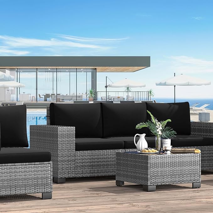 Patio Furniture Set, 12 Pieces Outdoor Sectional Sofa Conversation Sets with Waterproof Cover Modern Wicker Seating Set, 4'' Thickened Cushions & 2 Glass Coffee Table, Black