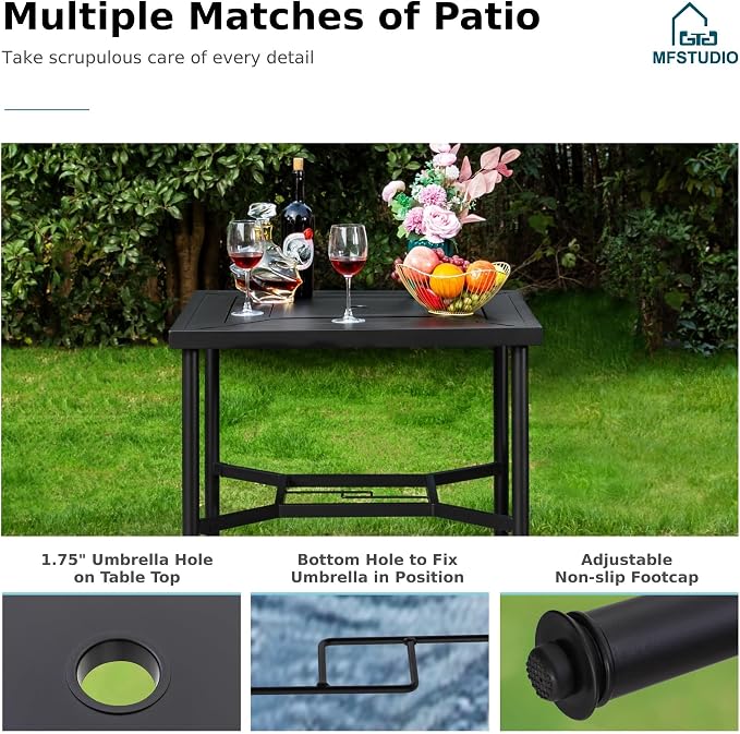 MFSTUDIO 38” Patio Counter Height Bar Table, with 32” Square Heavy Duty Metal Table Top for 4, All Weather Resistant Outdoor Table with Umbrella Hole, Black