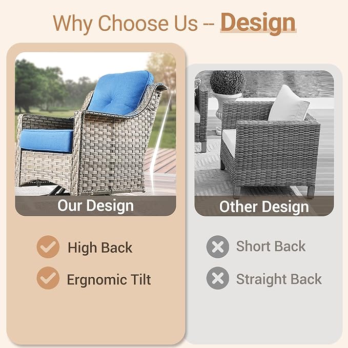 HOOOWOOO Patio Furniture Set,6 Pieces Wicker Outdoor Furniture,High Back Conversation Set with All Weather Resistant Fire Pit Table Couch Chairs Ottomans,Diamond Blue