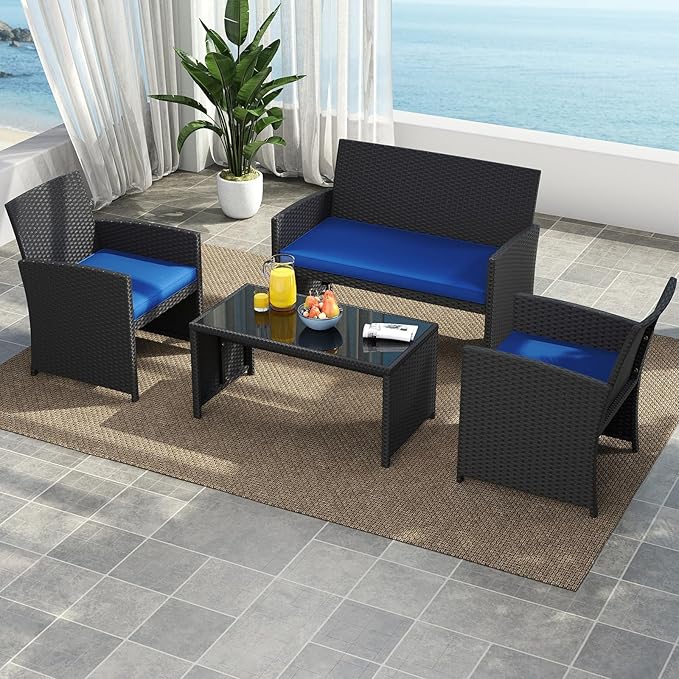 Tangkula 4 Pieces Patio Wicker Furniture Set, Outdoor Heavy Duty Rattan Cushioned Chairs, Loveseat and Tempered Glass Coffee Table, for Backyard, Balcony, Poolside