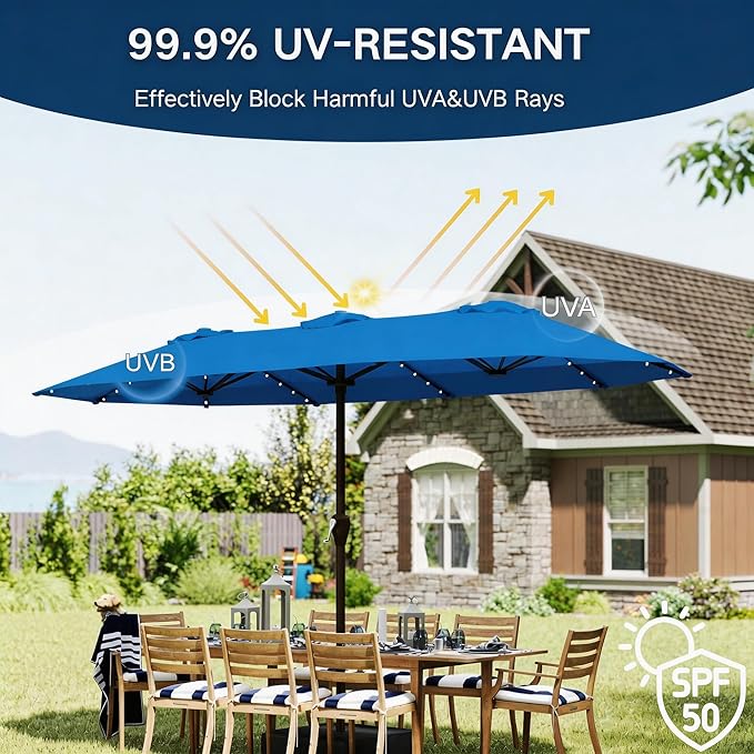 Large Patio Umbrella with Solar Lights and Base, Double-Sided Outdoor Rectangle Umbrella with 48 LED Lights, Market Table Umbrellas with UV Resistant Canopy